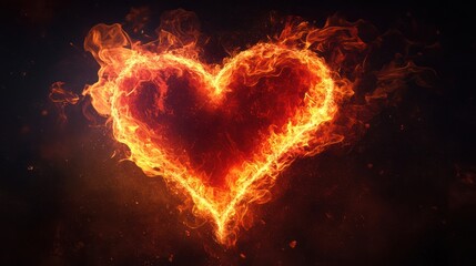 Fiery heart ablaze, dark background, passion concept, love design