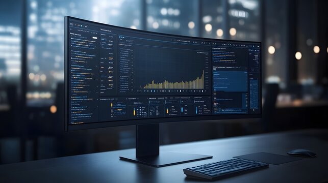 A modern ultrawide curved monitor displays data analytics, graphs, and code. It sits on a sleek desk in a stylish, dimly lit office environment. Ideal for tech, finance, or data science contexts.