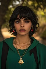 Close-up Portrait of a Young Woman with Short Dark Hair Wearing a Green Hoodie and Gold Jewelry