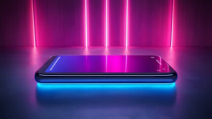 Sleek smartphone with vibrant blue light accents displayed against a backdrop of pink neon lights.  Modern technology and futuristic design.