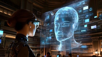 A woman in futuristic eyewear observes a 3D holographic projection of a human face, detailed with wireframe grids.