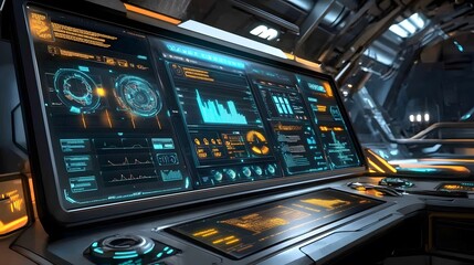 Futuristic spaceship control panel with glowing blue and orange digital displays showing various data, graphs, and system information. Sci-fi interface.