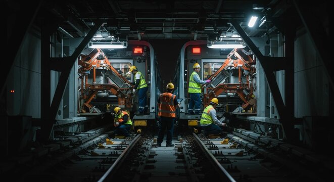 Dedicated night crew performing routine maintenance inside a Dubai metro train system
