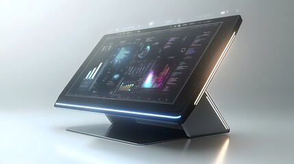 Sleek, futuristic touchscreen display showcasing dynamic data visualizations, graphs, and charts. Ideal for presentations or showcasing modern technology.