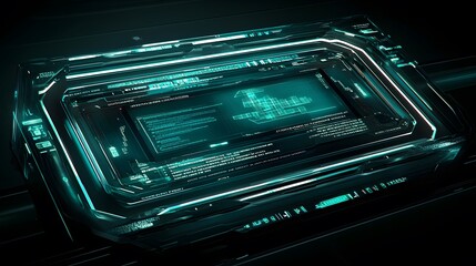 Futuristic teal glowing tech interface.  A sleek, transparent display shows data streams and code, showcasing advanced technology and digital innovation. Perfect for sci-fi or tech concepts.