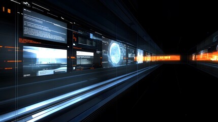 Futuristic corridor lined with holographic displays showing data streams, graphs, and digital maps.  A sleek, modern design with dark tones and bright blue and orange accents.