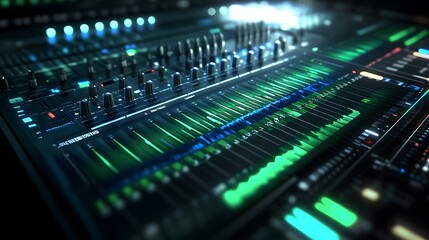Close-up of a futuristic audio mixing console with glowing green and blue waveforms and controls.  Modern music production technology.