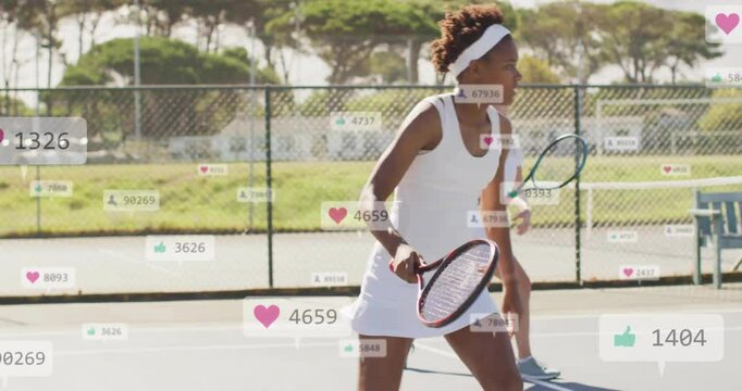 female tennis players playing match on court, with floating social media icons for sports marketing