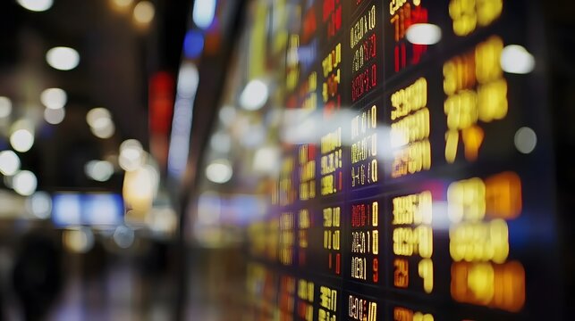 Close-up of a stock ticker board displaying fluctuating numbers in red and yellow.  The background is blurred, showing city lights at night. The image evokes a sense of fast-paced financial activity.