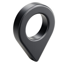 Black location pin icon, 3D glossy map marker design, isolated on transparent background, high-resolution PNG for navigation apps, dark UI themes, GPS interfaces, and digital maps.