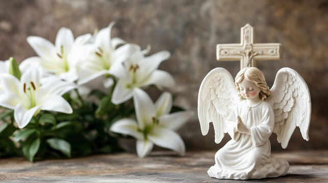 Funeral card, small figurine of a white angel, christian cross and white lilies in background. Mockup for death card, condolences.