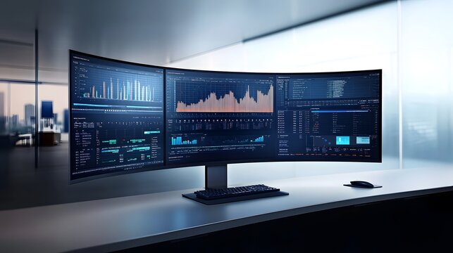 Modern workplace with a curved ultrawide monitor displaying financial data, charts, and graphs. Sleek design, professional setting. Perfect for finance, technology, or business concepts.