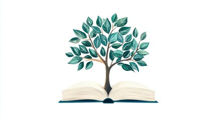 A vivid illustration of a tree growing from an open book, symbolizing knowledge and nature's wisdom.