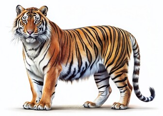 Majestic Tiger Side Profile, Full Length, White Background - Wildlife Animal Illustration