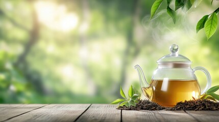 Tranquil morning tea ceremony with teapot and green tea leaves outdoors for relaxation and mindfulness