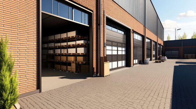 Industrial building exterior with open warehouse doors and storage boxes in sunlit courtyard