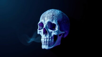 Human Skull with Smoke on Dark Background, Eerie Halloween Style