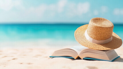 Relaxing beach day with a straw hat and book highlighting the joy of summer reading and leisurely enjoyment by the ocean shore