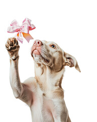 ฺBirthday Dog A playful dog reaching for a pink bow, capturing the essence of joy and curiosity.