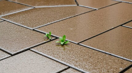 Plant Growing Between Wet Paving Stones After Rain