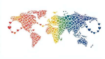 Obraz premium Colorful world map filled with heart shapes, symbolizing love and unity across different cultures and nations.