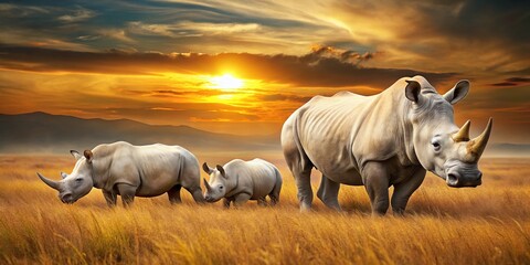 Obraz premium Majestic White Rhino Family Grazing on Golden Savannah Meadow