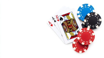 Obraz premium Close-up of poker cards and colorful chips on a white background, perfect for showcasing card games and gambling fun.