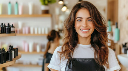 Young female hairdresser styling hair of smiling customer in modern salon setting