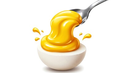 A cartoon deviled egg being scooped up with a spoon, the yolk mixture being dynamically lifted
