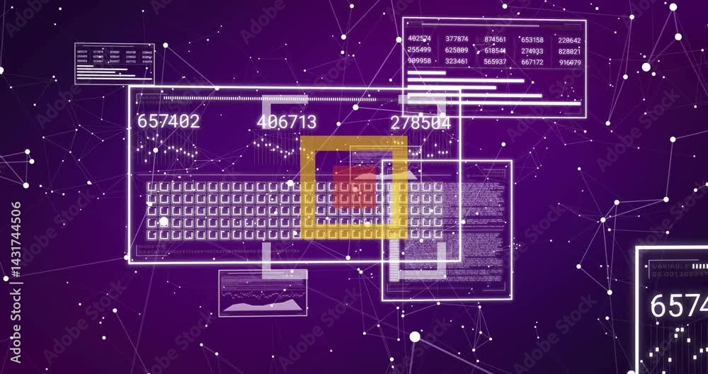 Poster translucent ui panel floating over purple network, showing numeric readouts, charts and code
