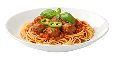 Classic Spaghetti with Meatballs in Marinara Sauce Garnished with Fresh Basil Leaves on a White Plate, Transparent Background