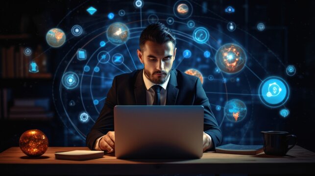 A registered trademark concept where a businessman works on a laptop with digital icons representing intellectual property protection