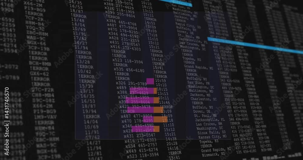 Poster computer monitor displaying highlighted error logs in flat design terminal ui, with monospaced text