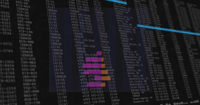 Computer monitor displaying highlighted error logs in flat design terminal UI, with monospaced text