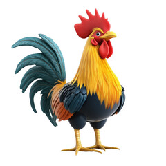 Bold and Bright: A striking cartoon rooster with vivid colors and playful expression, standing proudly. A symbol of the farm, a playful illustration. 