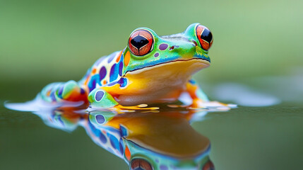 Naklejka premium A vibrant poison dart frog perches on a mossy log in the rainforest, its bold colors symbolizing danger, beauty, and biodiversity in a fragile ecosystem full of life and hidden threats.