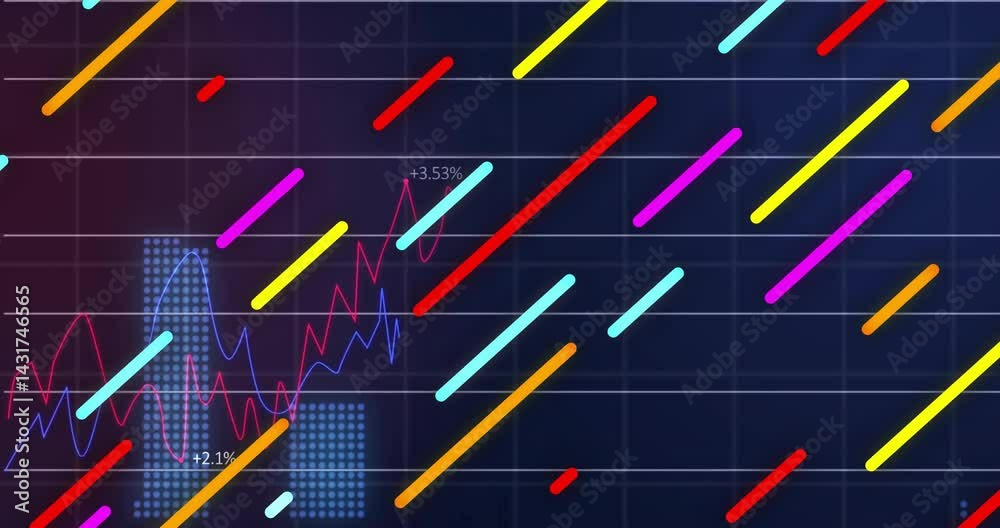 Poster abstract data visualization showing slanted neon bars and line graphs displaying percentage changes