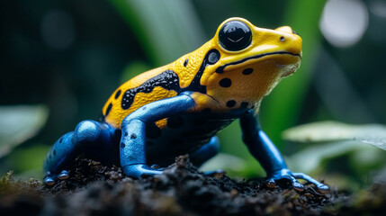 Fototapeta premium A vibrant poison dart frog perches on a mossy log in the rainforest, its bold colors symbolizing danger, beauty, and biodiversity in a fragile ecosystem full of life and hidden threats.