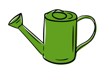 Hand drawn vector illustration of a green watering can with simple black outline and handle. This image illustrates the concept of gardening, care and plant nurturing