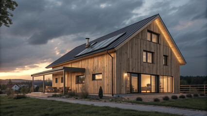 Wooden facade house with angled solar roof, dusky sky reflecting warm sustainability.