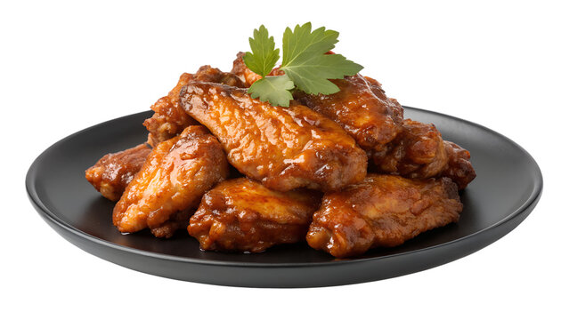 Close-Up of Crispy Fried Chicken Wings Glazed with Spicy Sauce, Served on Black Plate with Fresh Herb Garnish