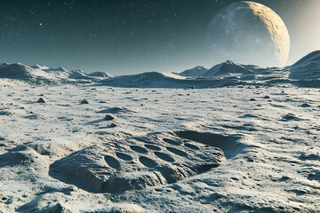 A digital depiction of an alien landscape with lunar footprints.