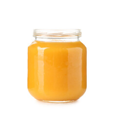 Baby food. Tasty puree in glass jar isolated on white
