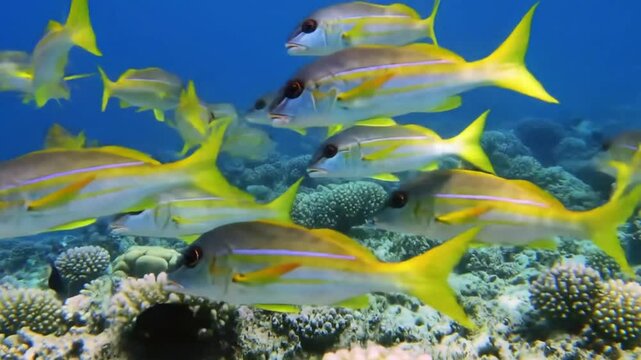 School of Yellowtail Snapper over Coral Reef, Turquoise Water.