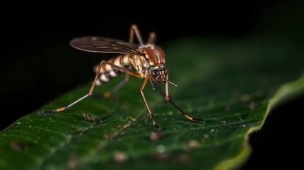 Fototapeta premium Close-up of a Snipe Fly Resting on a Green Leaf