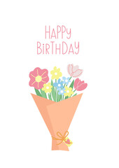 Happy Birthday card with hand drawn flower bouquet. Vector greeting illustration with pastel tulips and daisies wrapped in paper and decorated with ribbon. Cute spring celebration card design. 