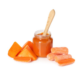 Baby food. Tasty puree in jar, spoon and ingredients on white background