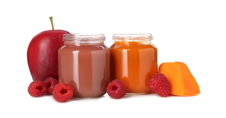 Baby food. Tasty puree in jars and ingredients on white background