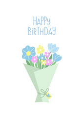Happy Birthday card with pastel flower bouquet. Hand drawn wrapped spring flowers with daisies, tulips and cute tag. Elegant soft colored illustration for celebration and greeting design. 