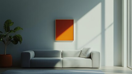 Modern living room interior with an orange framed painting.